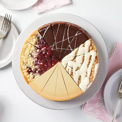 A sampler cheesecake with holiday flavors