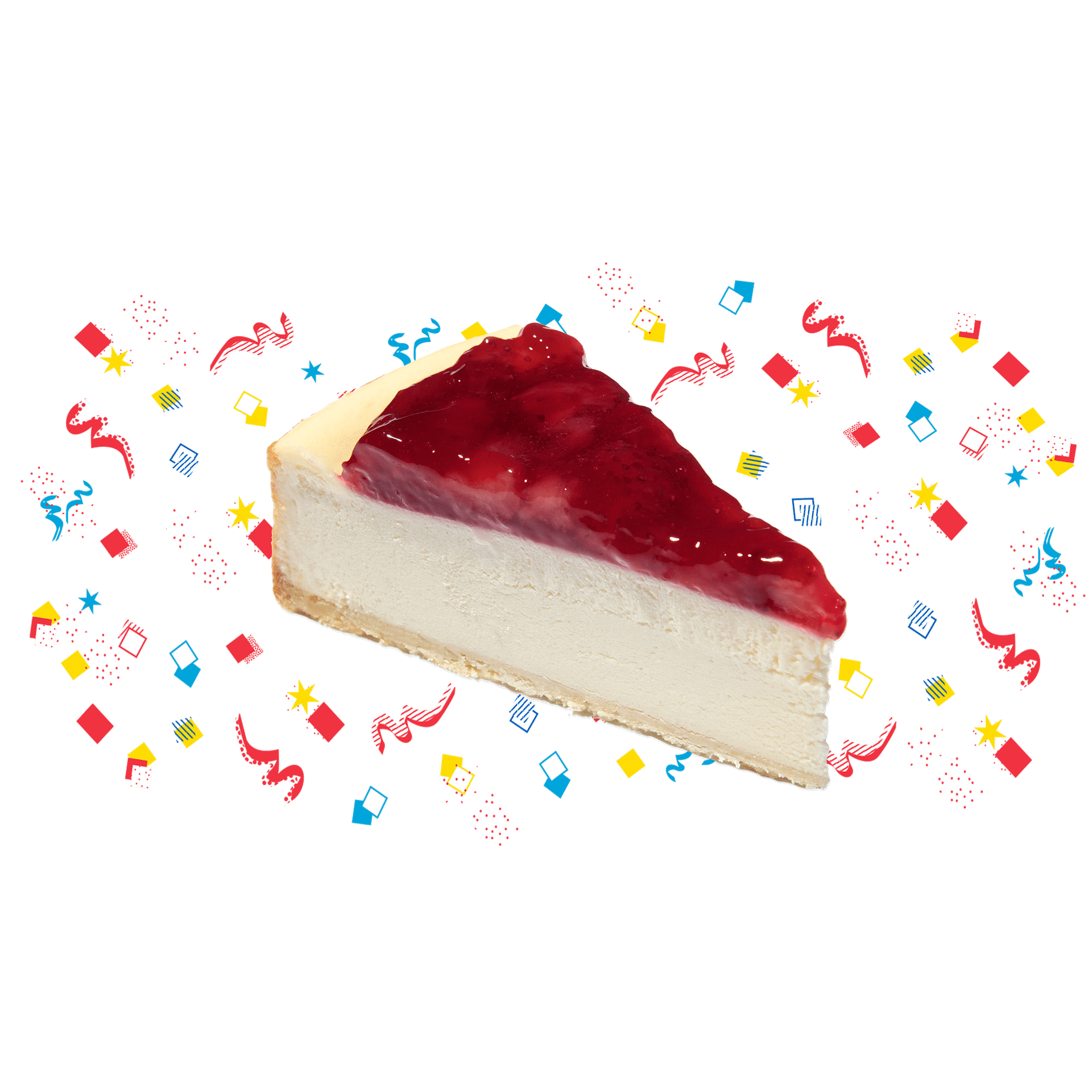 A slice of strawberry cheesecake with confetti behind it