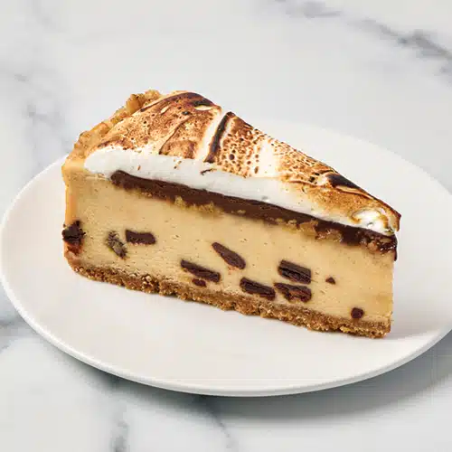 A slice of S'Mores Cheesecake on a plate