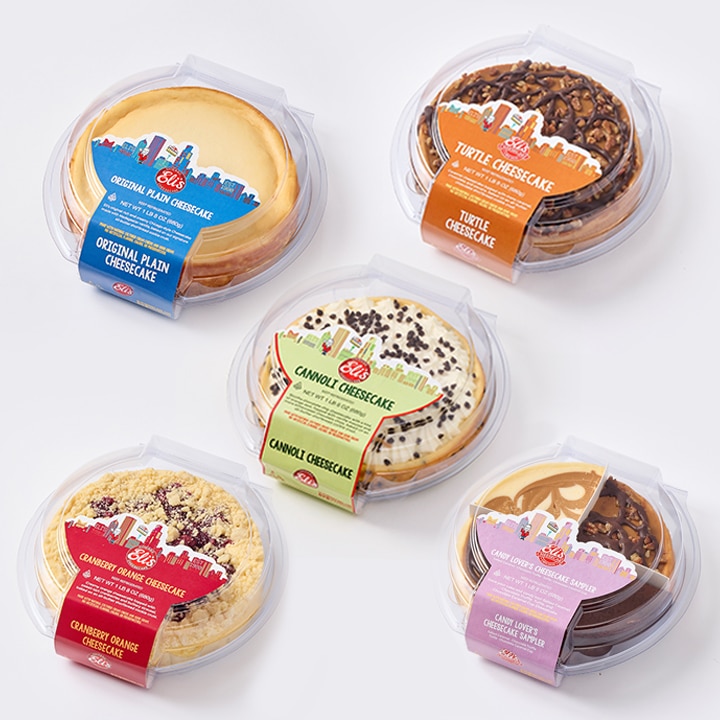 5 different Eli's Cheesecakes in clear packaging