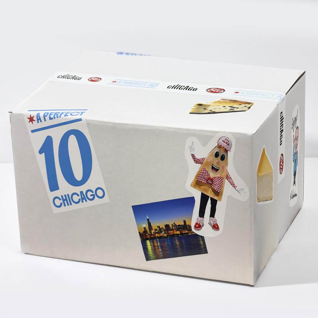 A box covered in Chicago-themed stickers
